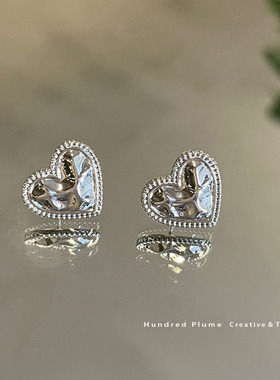 S925银针 韩国个性褶皱爱心耳钉 可爱桃心耳饰高级感气质耳环耳夹