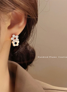S925银针韩国精致锆石小花耳钉 夏季小众风高级感气质小巧耳环女