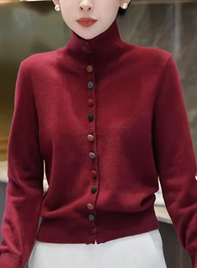 高领@翻领两穿毛衣女高级感针织开衫宽松显瘦气质短外套红色X102