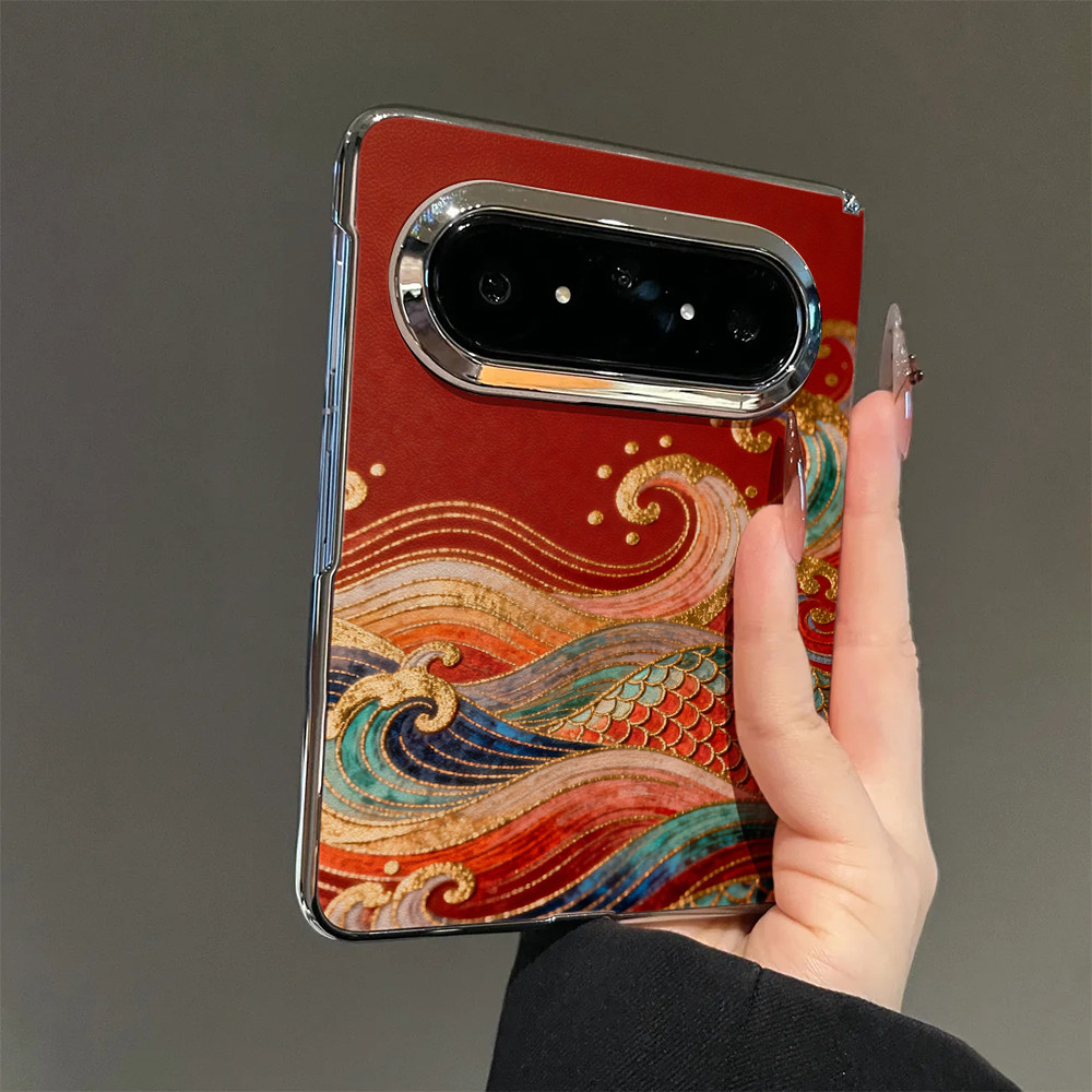 红鎏金海浪鱼鳞纹适用于华为Pu手机保护套/壳