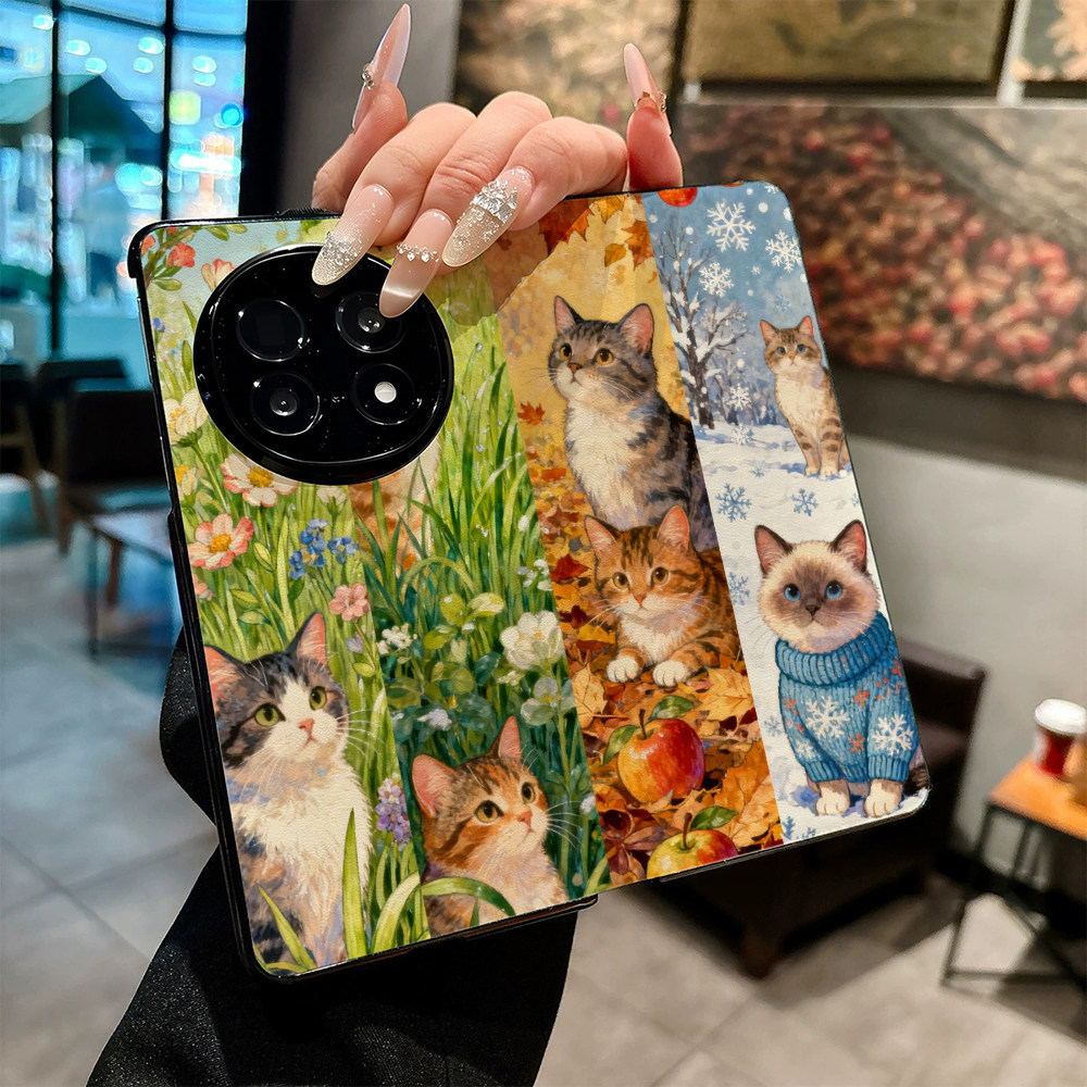 春夏秋冬四季猫咪适用OPPO Find N5手机壳FIND N6新款折叠屏N4高档防摔保护套创意高级感磁吸休眠翻盖皮纹