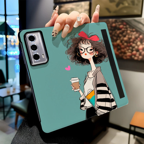 眼镜咖啡少女适用华为荣耀MAGIC V6 V3 Vs3手机壳MAGIC V5V2 Vs2新款折叠屏高级感磁吸休眠翻盖皮纹保护套