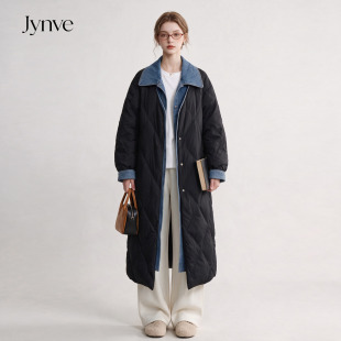 Jynve 黑色牛仔拼接菱格羽绒服女2026冬季新款韩系中长款保暖外套