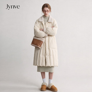 Jynve 奶白色羊羔毛翻领羽绒服女2026冬季韩系中长款白鸭绒厚外套
