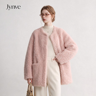 Jynve 樱花粉韩系慵懒温柔风羊羔毛外套女2026秋冬季皮毛一体大衣