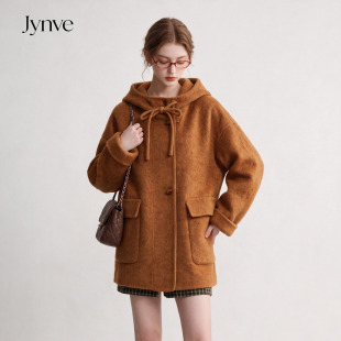 Jynve 焦糖橘色双面羊绒大衣女2026秋冬新款蝴蝶结连帽羊毛呢外套