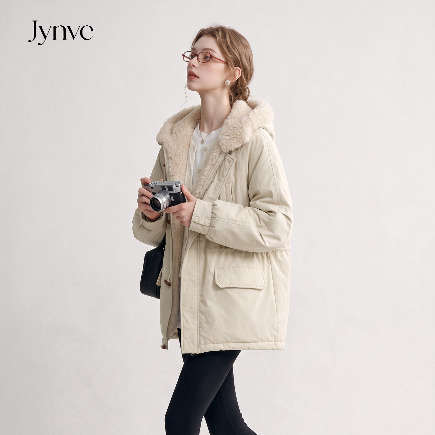 Jynve 韩系牛角扣连帽加绒工装外套女2026冬季宽松加厚保暖派克服