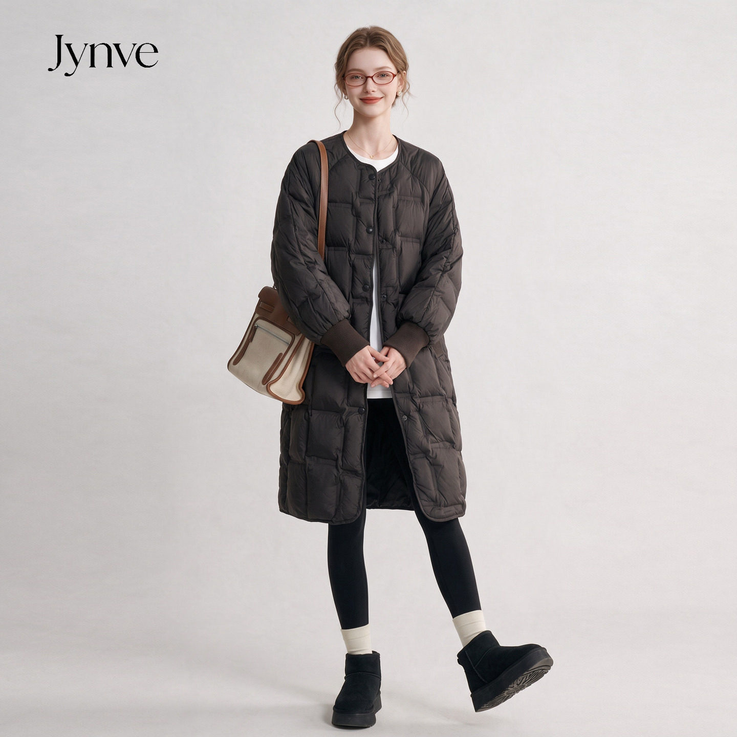 Jynve 黑色轻暖泡芙羽绒服女中长款2026冬新款高级感90白鸭绒外套