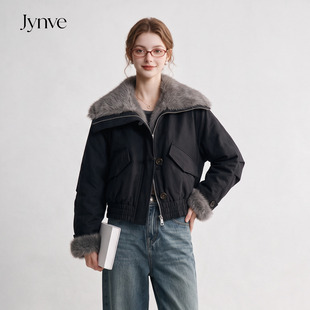 Jynve 黑色仿水貂毛领派克羽绒服女2026冬季复古短款90白鸭绒外套