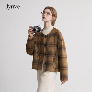Jynve 咖棕格子双面羊绒大衣女短款2026秋冬复古高级感羊毛呢外套