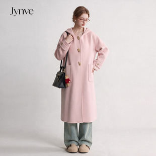 Jynve 粉色连帽双面羊绒大衣女2026秋冬新款超好看中长款呢子大衣