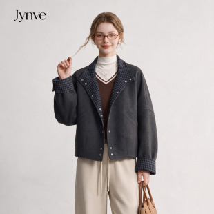 Jynve 复古格纹立领毛呢外套女2026秋冬新款高级感小个子呢子大衣