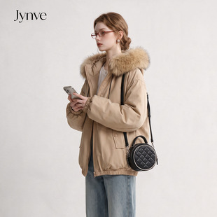 Jynve 奶茶色大毛领派克羽绒服女2026冬复古巴恩风连帽保暖厚外套