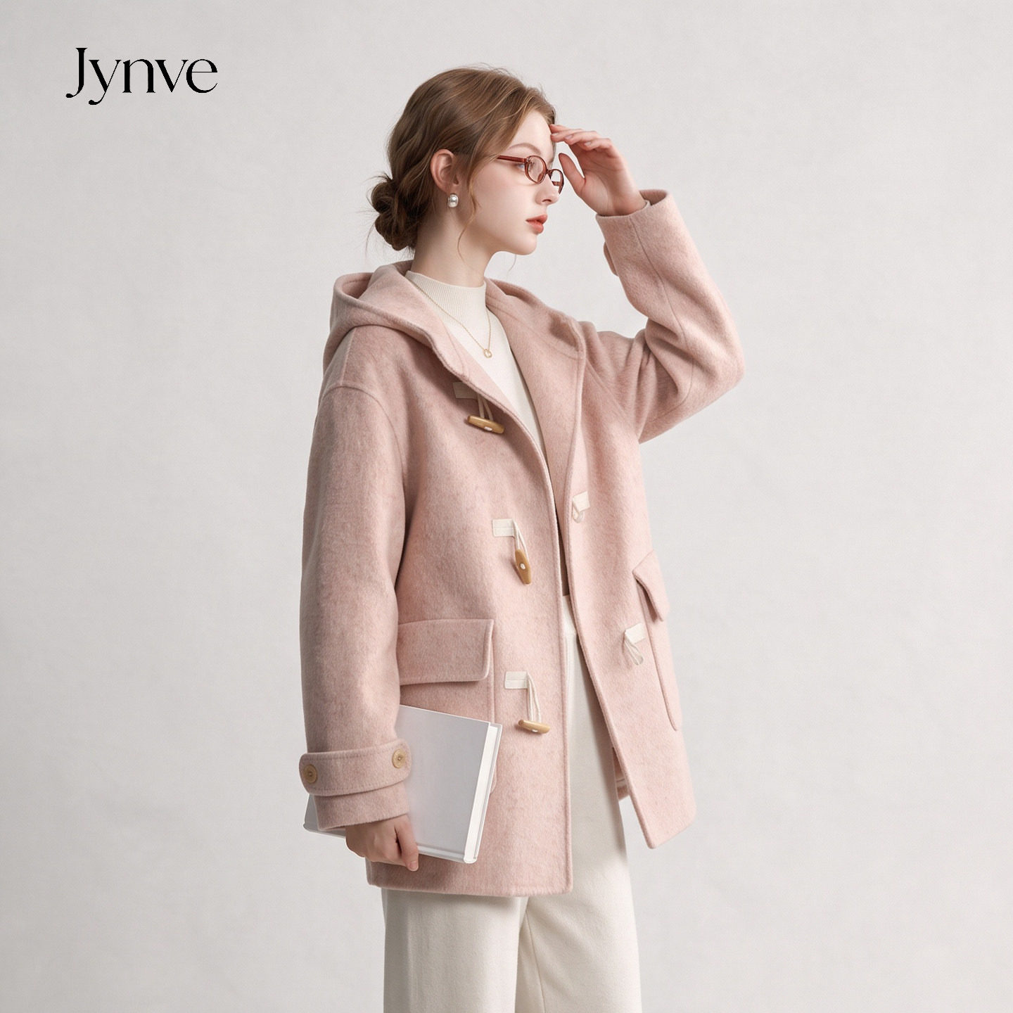 Jynve 蜜桃粉双面羊绒大衣女2026秋冬学院风连帽牛角扣羊毛呢外套