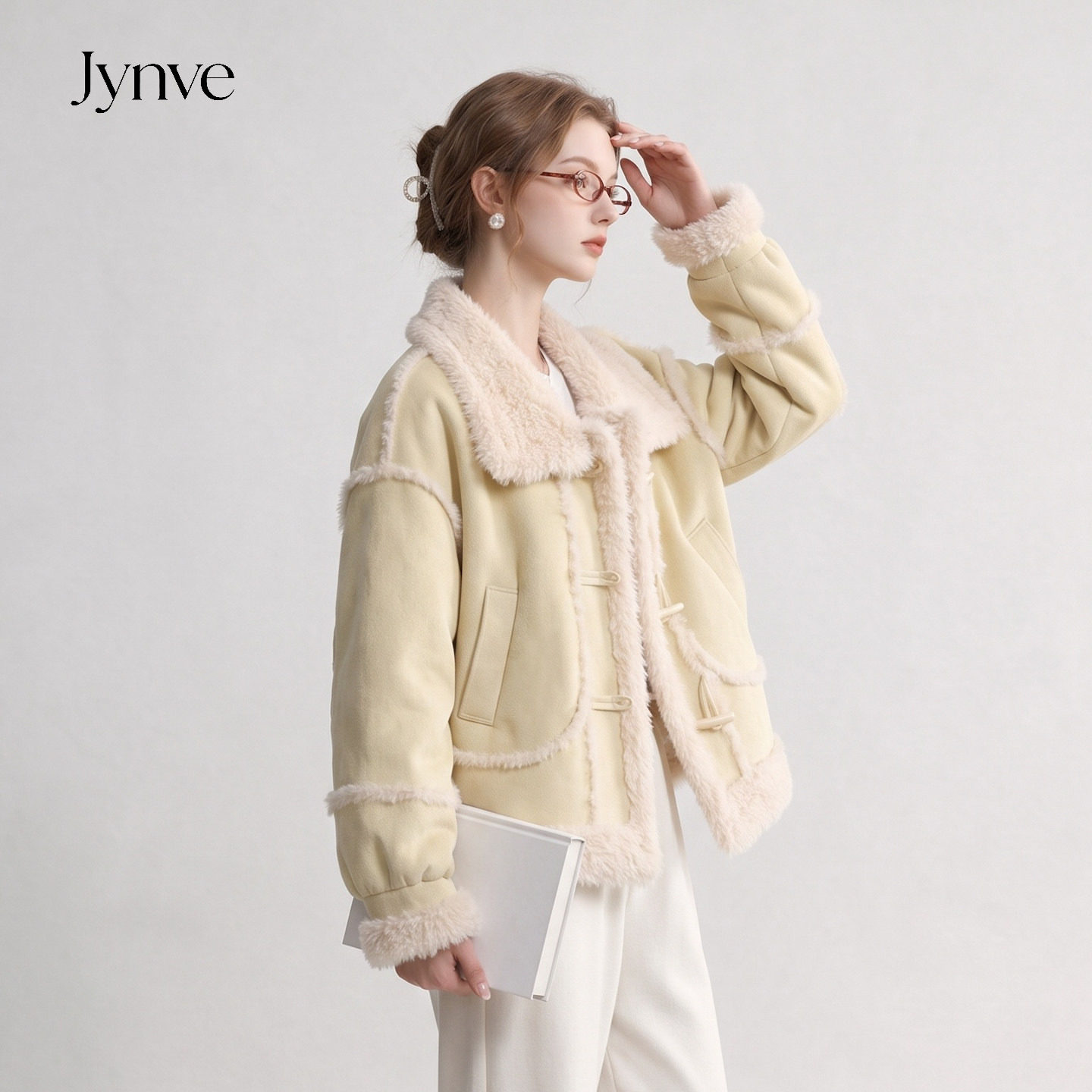 Jynve 鹅黄色巨好看羊羔毛外套女2026冬季加绒加厚牛角扣皮毛一体
