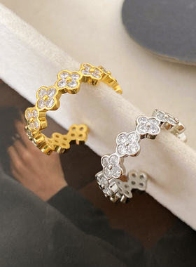 铜镀真金新款轻奢微镶锆石四叶草开口戒指气质时尚可调节跨境爆款