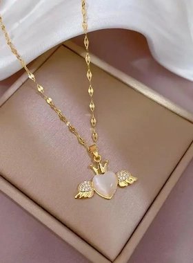 钛钢爱心天使之翼项链女ins风微镶猫眼石吊坠2023新款百搭锁骨链