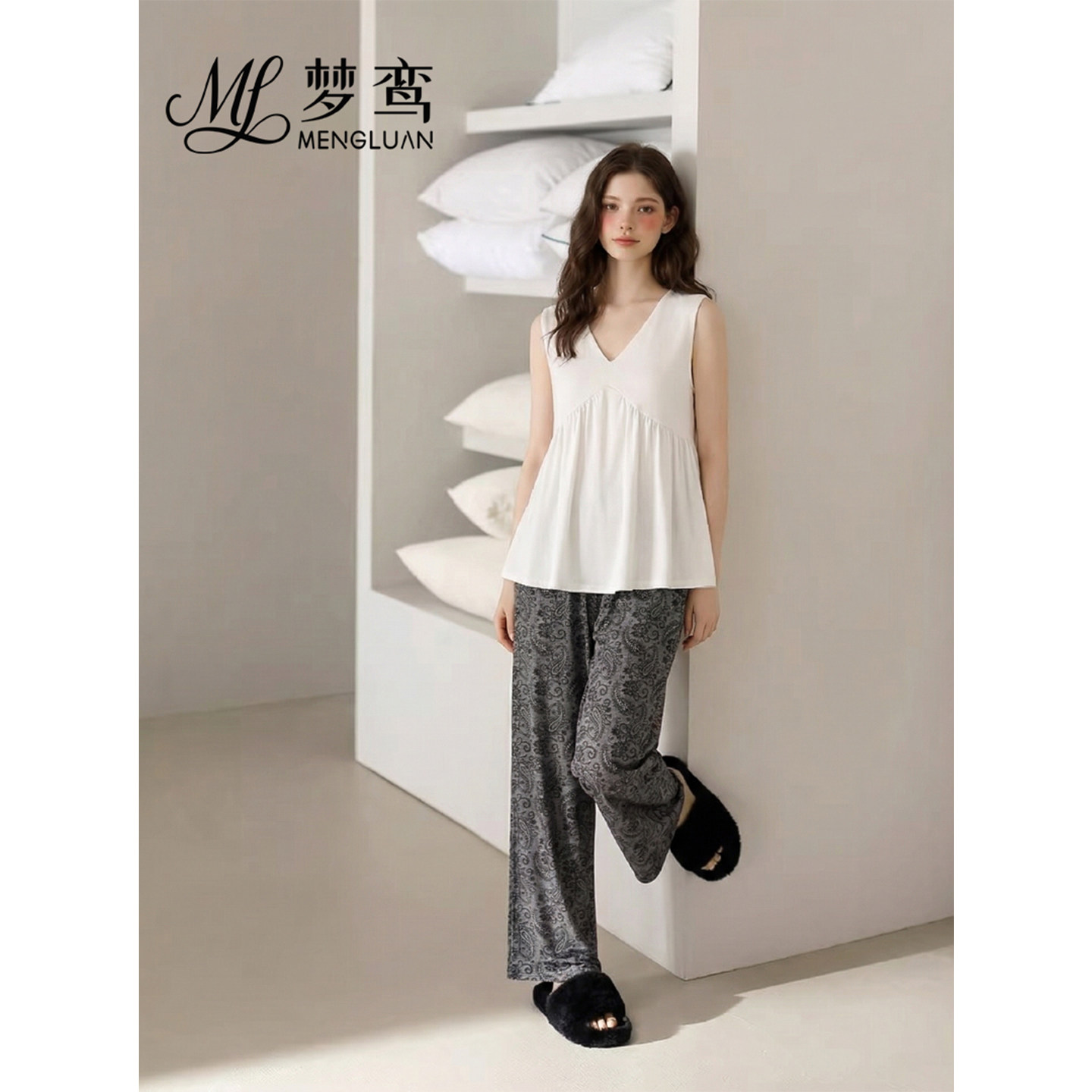 梦鸾莫代尔无袖睡衣女夏季高级感吊带背心上衣长裤外穿家居服套装