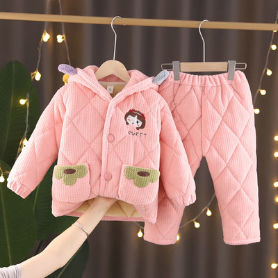 儿童棉睡衣冬加厚三层带帽家居服