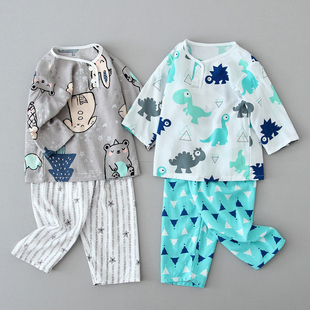 空调服男童女童宝宝小孩绵绸家居服套装 棉绸长袖 薄款 儿童睡衣夏季