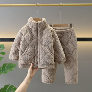 儿童睡衣法兰绒三层加厚夹棉拉链家居服套装男女中大童亲子装睡衣