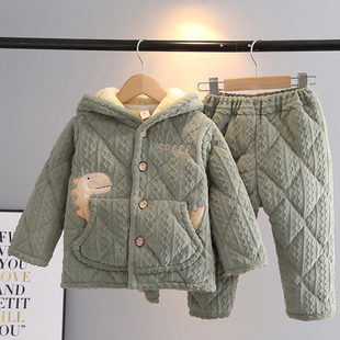 冬季儿童睡衣法兰绒牛奶绒加厚夹棉套装中小童宝宝恐龙家居服带帽