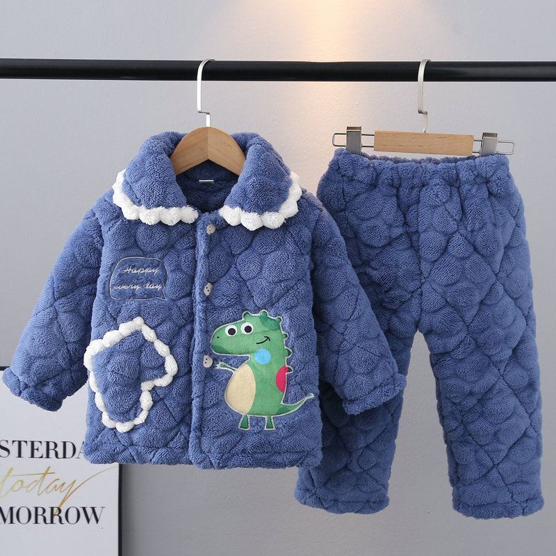 儿童睡衣冬款三层加厚夹棉男童孩子中大童宝宝恐龙家居服保暖套装