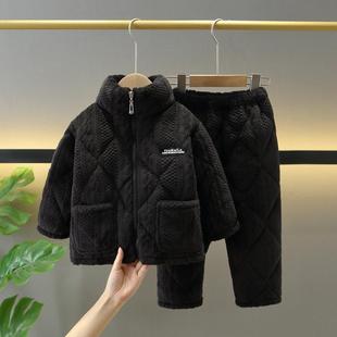 睡衣 男女中大童亲子装 新款 儿童睡衣法兰绒加厚夹棉拉链家居服套装