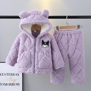 冬季儿童睡衣法兰绒三层加厚夹棉套装女童中大童珊瑚绒家居服带帽