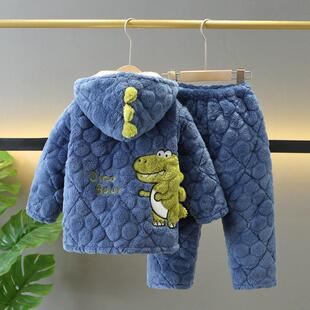 冬新款儿童睡衣珊瑚绒加厚夹棉男童小孩中大童恐龙家居服套装带帽