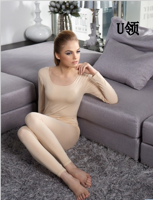 女士莫代尔薄款秋衣秋裤套装女式打底紧身基础保暖内衣黑色棉毛衫