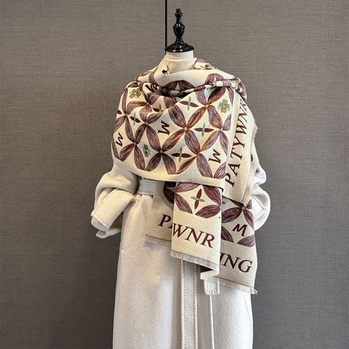 秋季新款字母印花仿羊绒围巾女多功能百搭加厚保暖围脖空调房