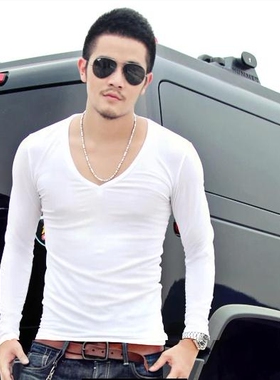 纯棉白色修身深V领t恤男士长袖紧身打底衫青年鸡心领春秋体恤上衣