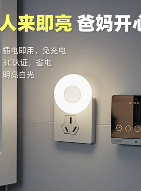 晚畔插电人体感应白光小夜灯 老人起夜专用感应灯夜间人来即亮