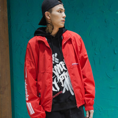 Guochao thêu thư Áo Khoác bboy đường phố Mỹ hip hop loose coat sinh viên thường đội mũ trùm đầu áo gió nam