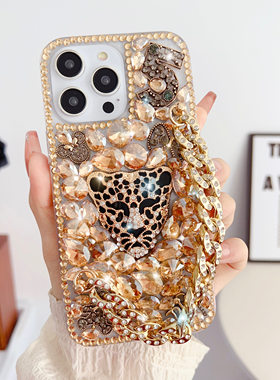Diamond Leopard Head Rhinestone Case for iPhone 16 17Pro 17 Air Pro max Luxury Bracelet Phone Cover