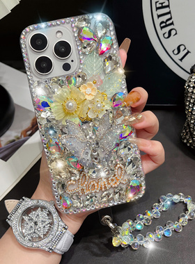 Diamond Glitter Butterfly Strap Phone Case For iPhone 17 16 15 17Pro 13 14 Air Pro Plus Back Cover