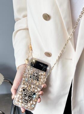 Phone Case Cover with Metal Hand Chain, Bling Diamond Leopard Head For Samsung Galaxy Z Flip 7 6 4 3