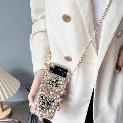 Phone Case Cover with Metal Hand Chain, Bling Diamond Leopard Head For Samsung Galaxy Z Flip 7 6 4 3