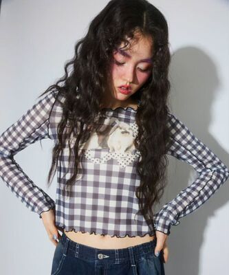 日本订购 candystripper 格子兔兔短款打底衫针织衫