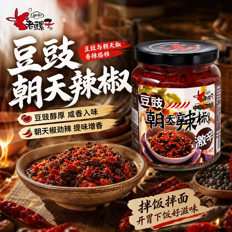 老骡子豆豉朝天辣椒240g朝天椒豆豉辣酱开胃佐餐炒菜拌面条拌饭酱