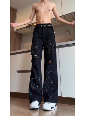美式破洞直筒牛仔裤男夏季薄款黑色泼墨复古男生高街宽松阔腿裤子