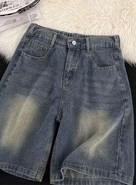 美式复古牛仔短裤男款夏季潮牌痞帅炸街裤子宽松大码休闲运动中裤