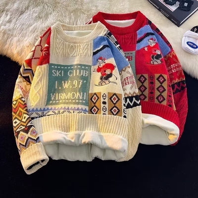 慵懒风红色新款加绒加厚毛衣男女潮牌情侣装宽松针织衫外套秋冬季