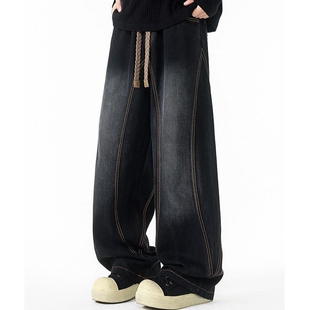 春秋季美式弯刀牛仔裤男款宽松抽绳立体拼接男装水洗休闲裤男士夏