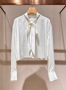 2024年秋季新款白色系带蝴蝶结桑蚕丝短款长袖衬衫上衣女Q143201D