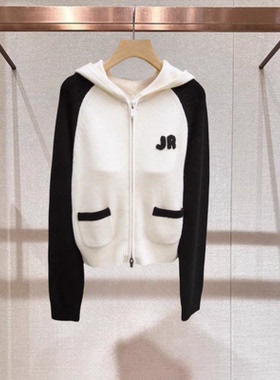 2024年秋季新款白色休闲连帽撞色字母拉链针织开衫外套女Q143906E