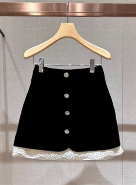 2024年秋季黑色新款丝绒拼接蕾丝单排扣A字半身短裙女Q143402D