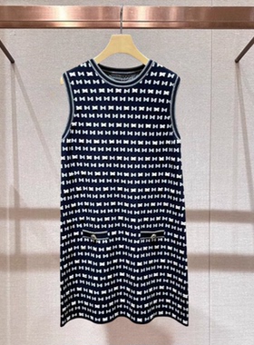 2024年年夏季新款藏青色提花蝴蝶结小香风无袖针织连衣裙Q126602E