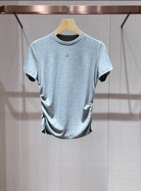 2025秋季新款简约休闲圆领套头褶皱侧边抽绳短袖针织衫女XRJ4T05C